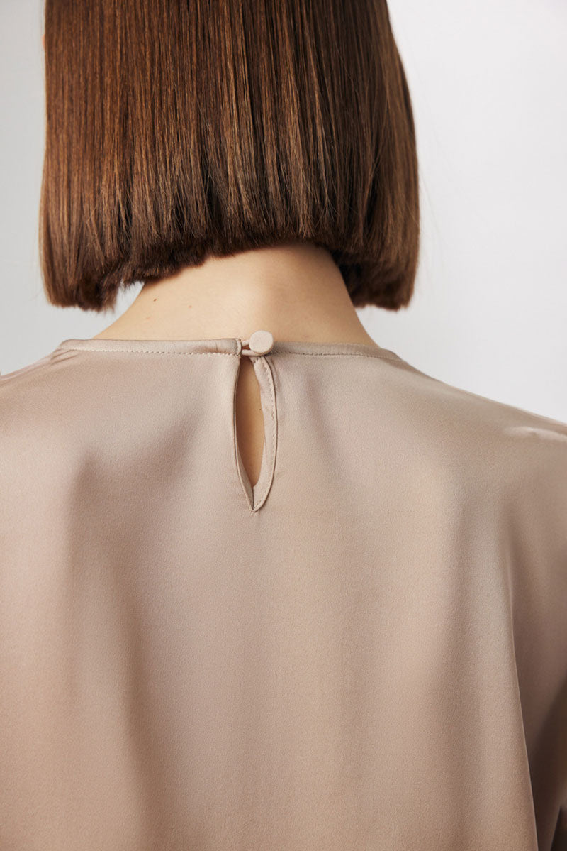 Stretch Silk Long-Sleeve Crewneck Ribbon Blouse
