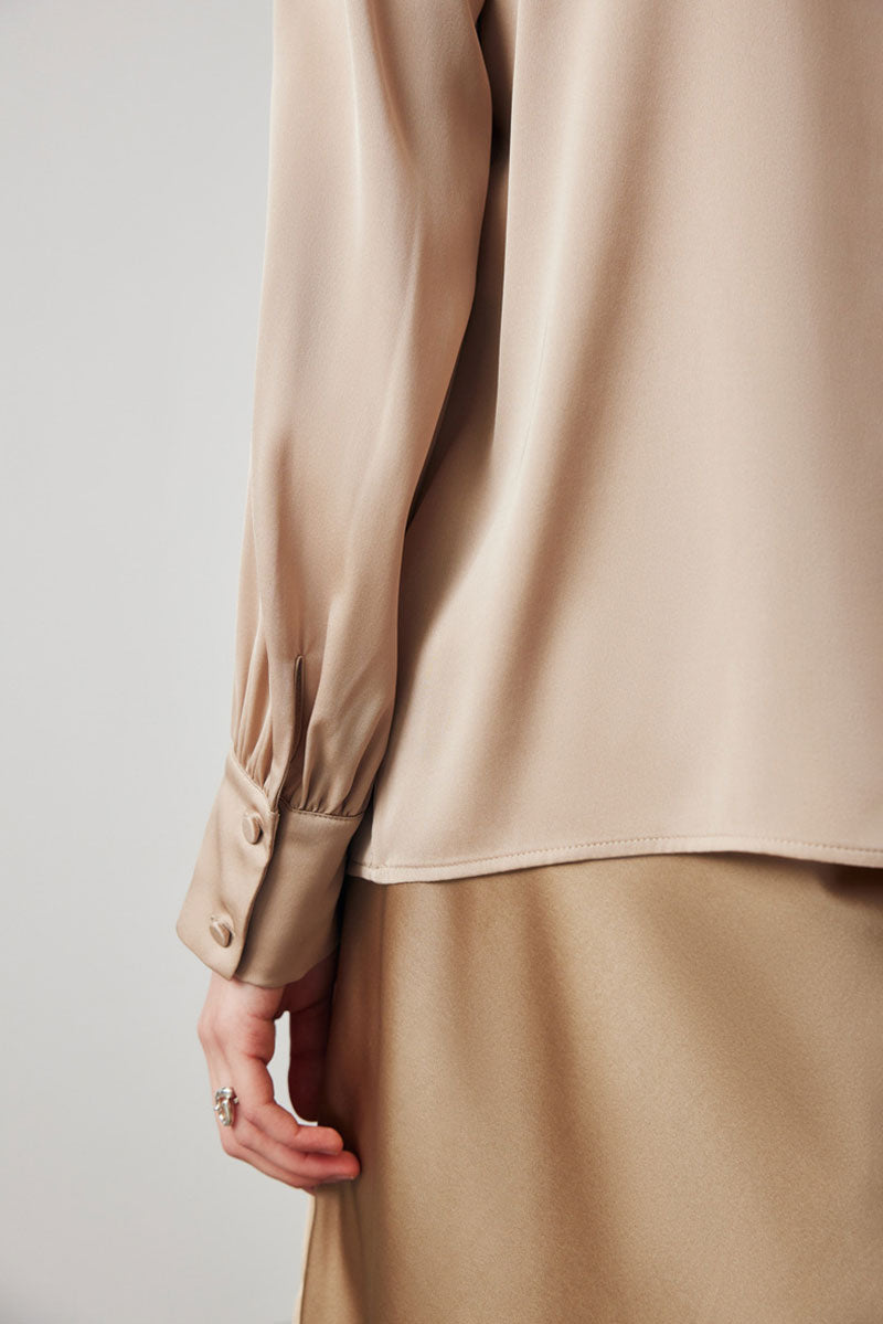 Stretch Silk Long-Sleeve Crewneck Ribbon Blouse