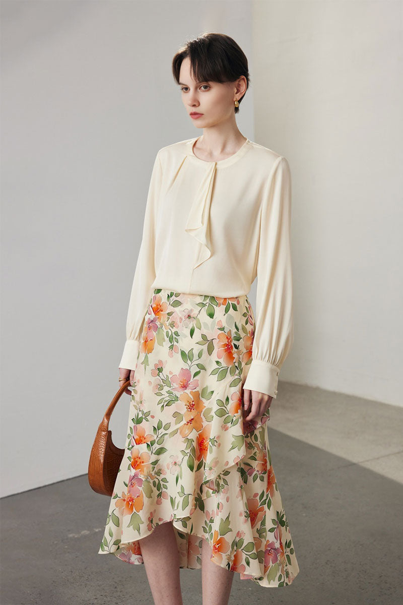 Stretch Silk Long-Sleeve Crewneck Ribbon Blouse