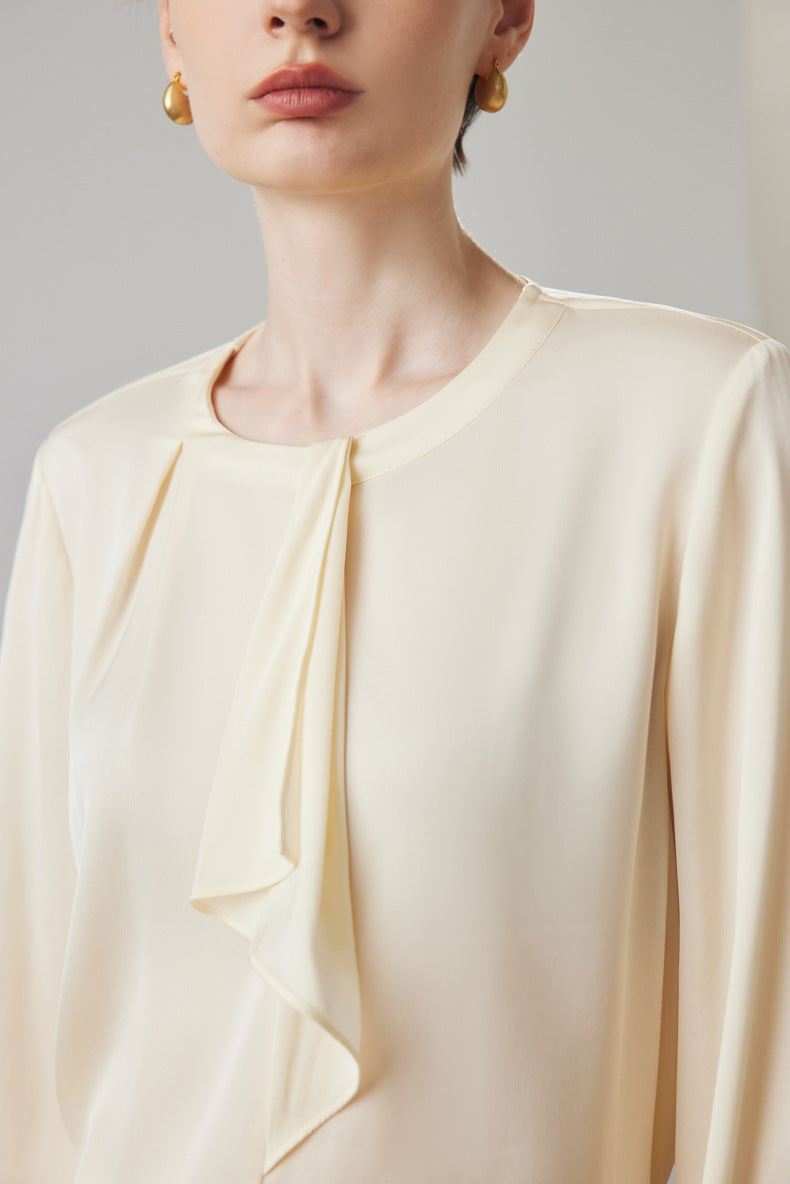 Stretch Silk Long-Sleeve Crewneck Ribbon Blouse