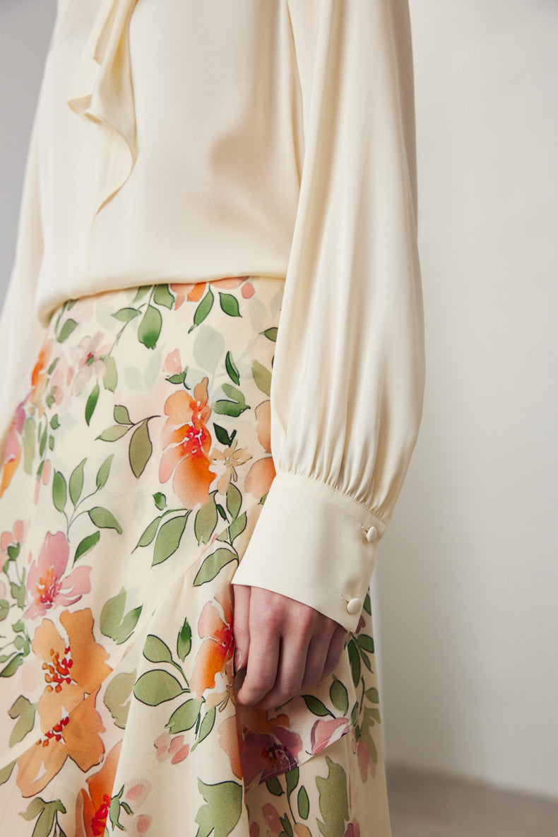 Stretch Silk Long-Sleeve Crewneck Ribbon Blouse