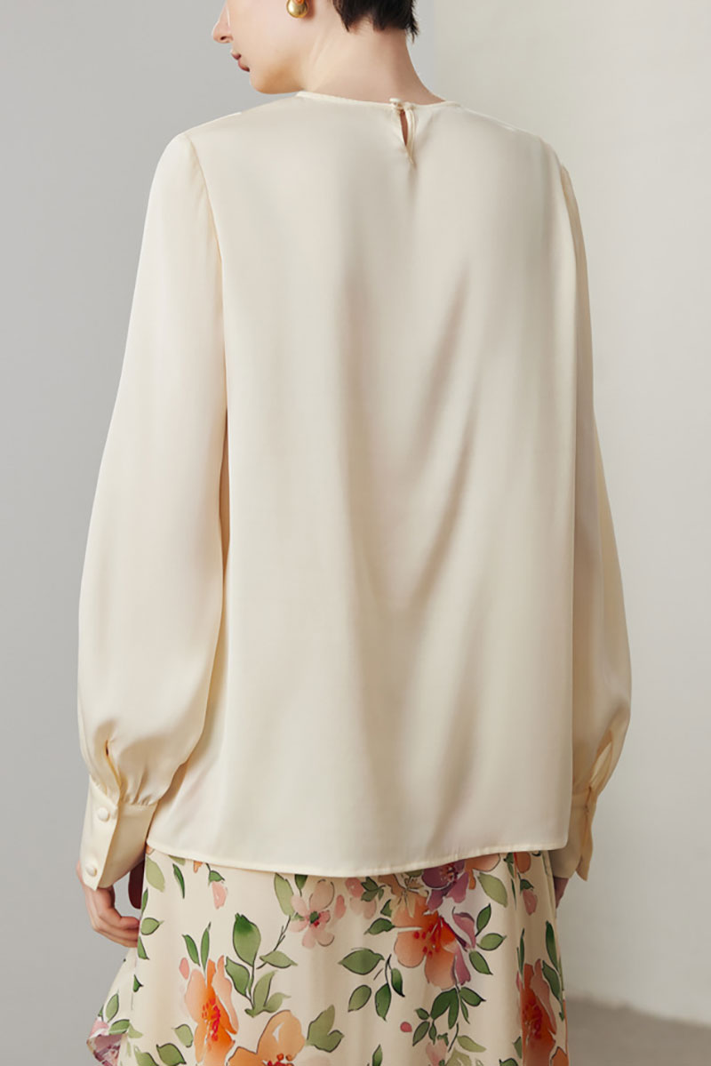 Stretch Silk Long-Sleeve Crewneck Ribbon Blouse