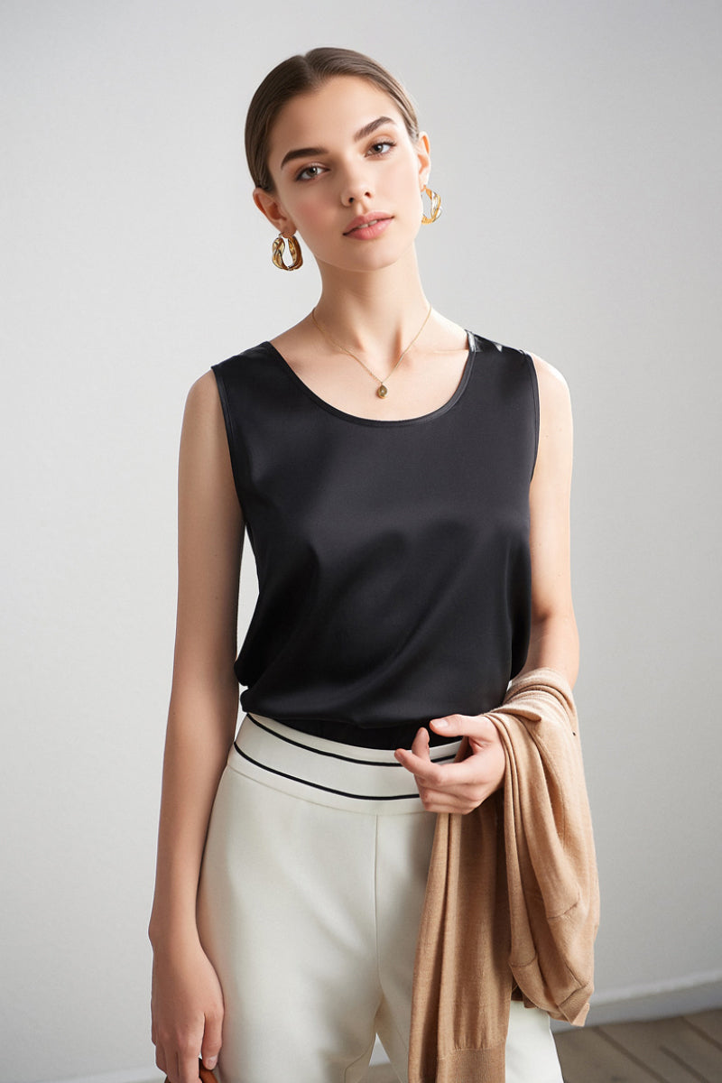 Stretch Silk Sleeveless Crewneck Shell Tank Blouse