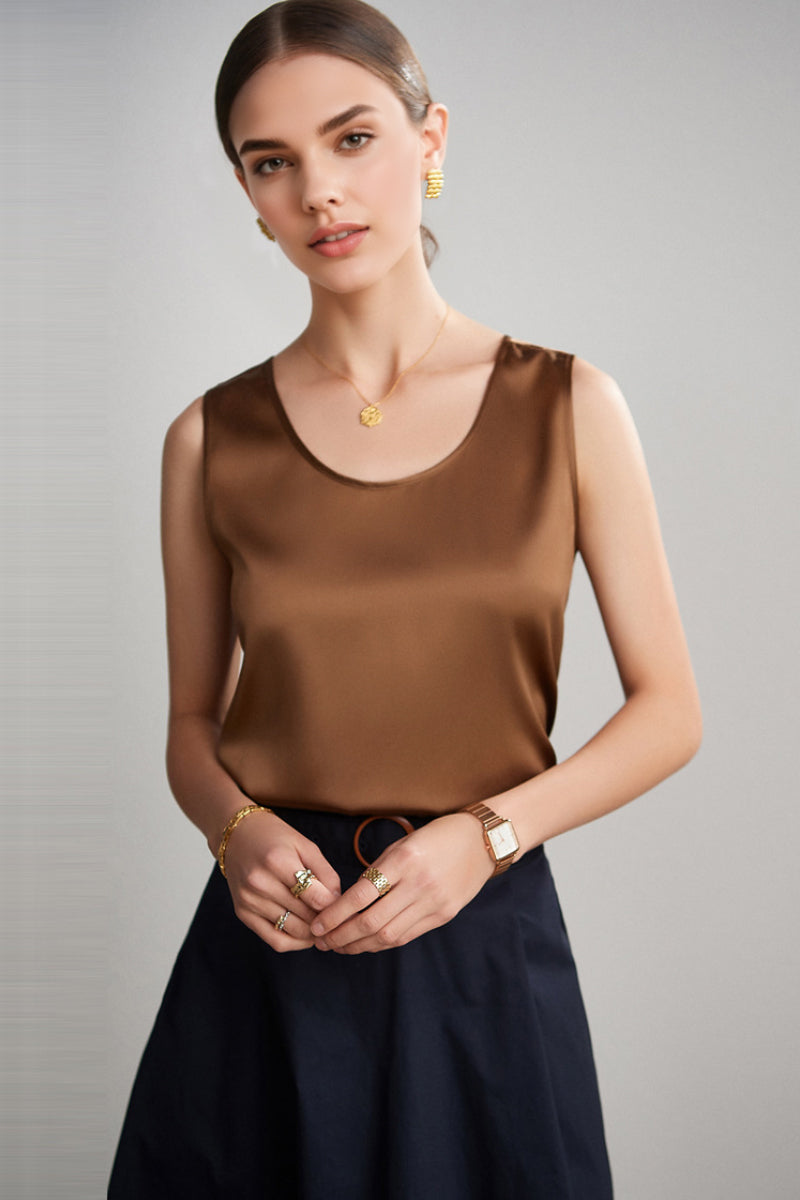 Stretch Silk Sleeveless Crewneck Shell Tank Blouse