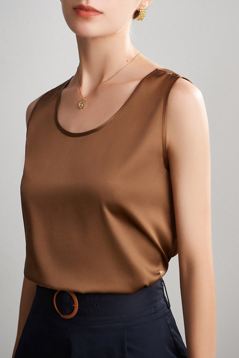 Stretch Silk Sleeveless Crewneck Shell Tank Blouse