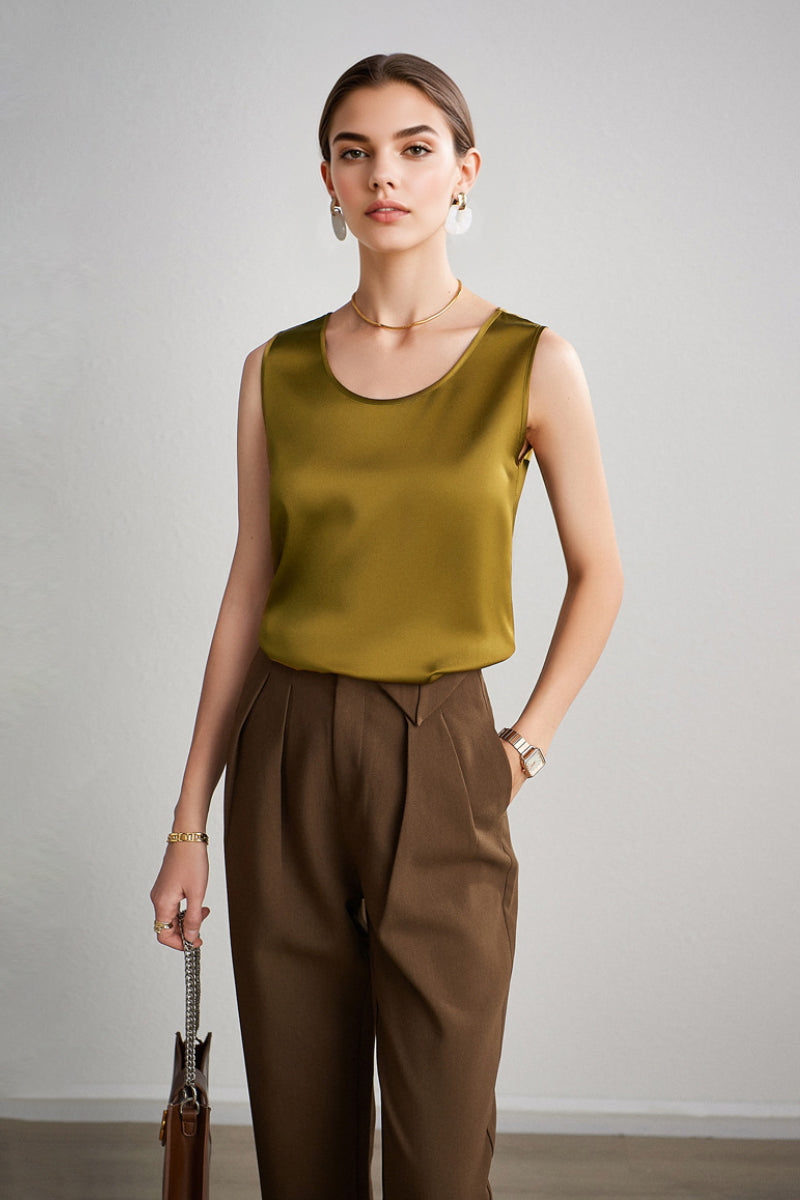 Stretch Silk Sleeveless Crewneck Shell Tank Blouse
