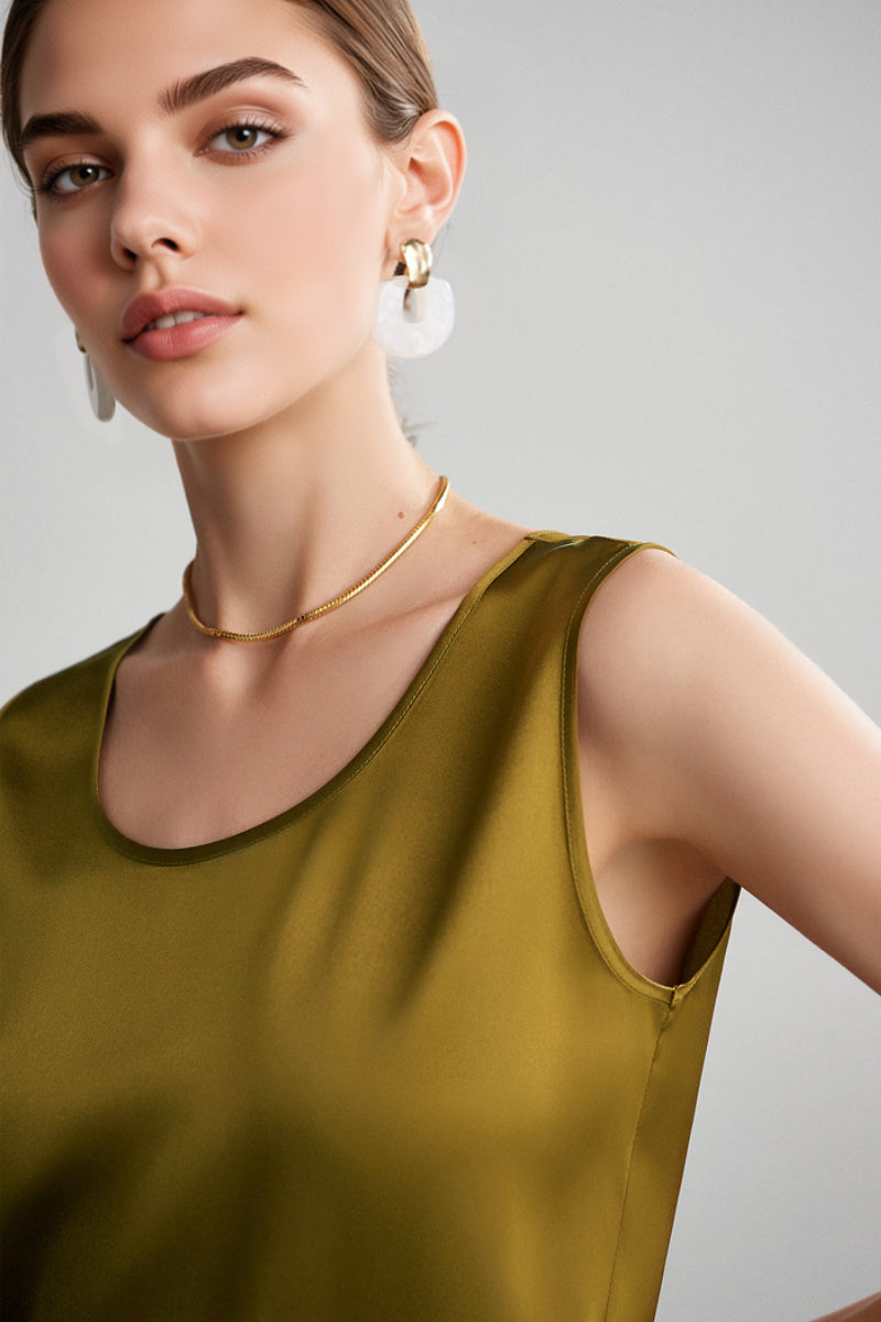 Stretch Silk Sleeveless Crewneck Shell Tank Blouse