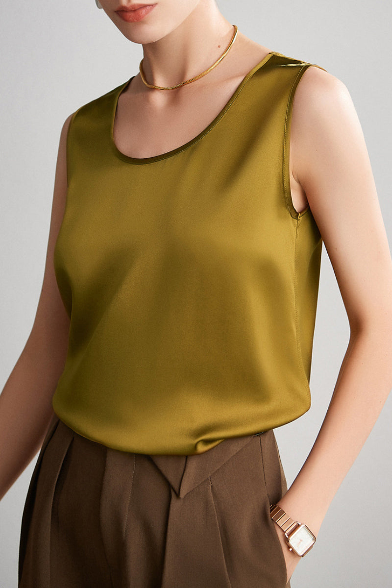 Stretch Silk Sleeveless Crewneck Shell Tank Blouse