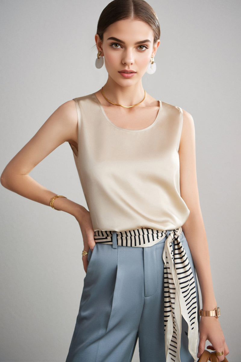 Stretch Silk Sleeveless Crewneck Shell Tank Blouse