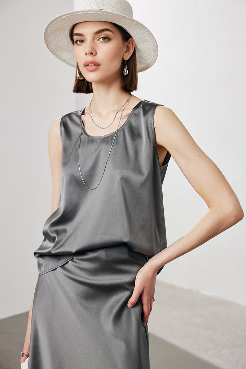 Stretch Silk Sleeveless Crewneck Shell Tank Blouse