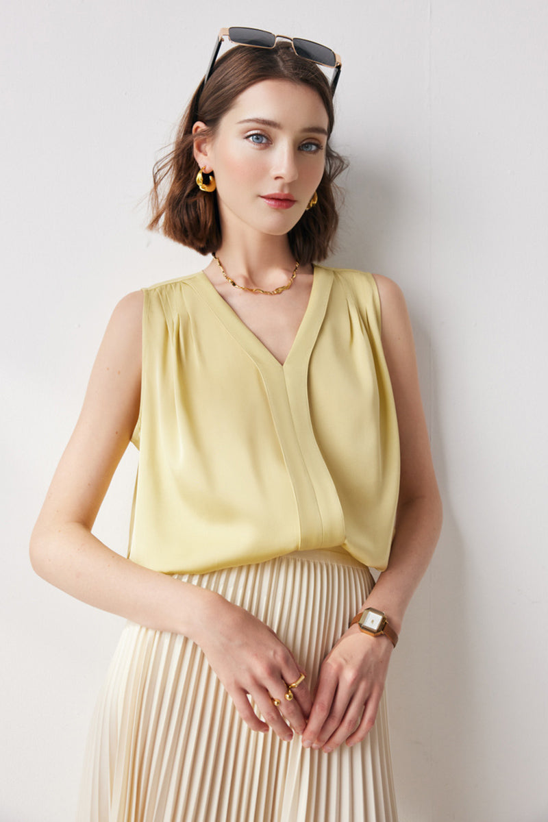 Stretch Silk Sleeveless V-Neck Pleated Shell Tank Blouse
