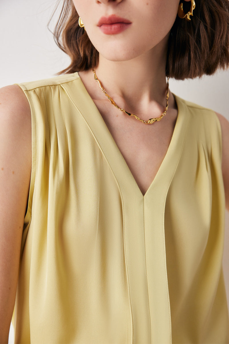 Stretch Silk Sleeveless V-Neck Pleated Shell Tank Blouse