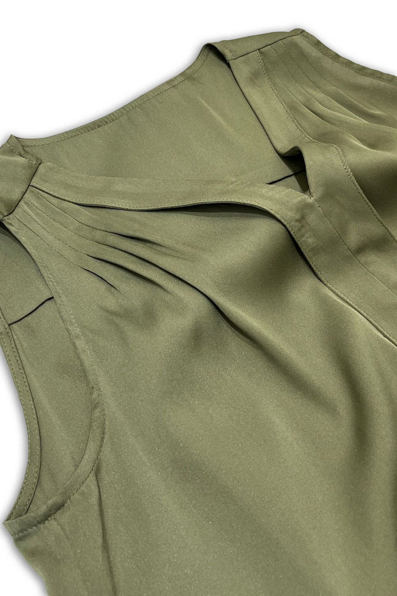 Stretch Silk Sleeveless V-Neck Pleated Shell Tank Blouse