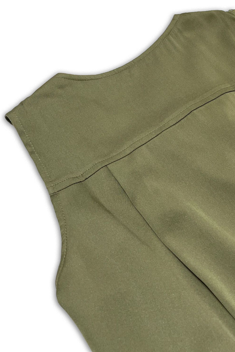 Stretch Silk Sleeveless V-Neck Pleated Shell Tank Blouse