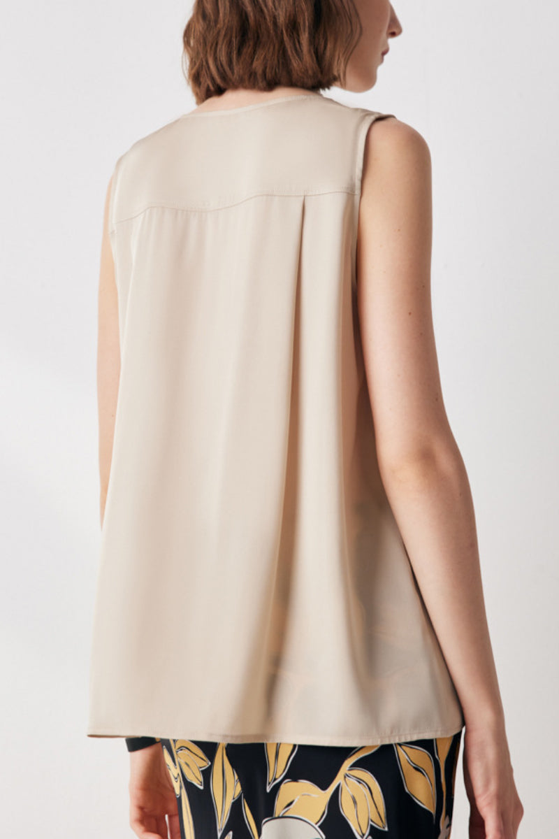Stretch Silk Sleeveless V-Neck Pleated Shell Tank Blouse