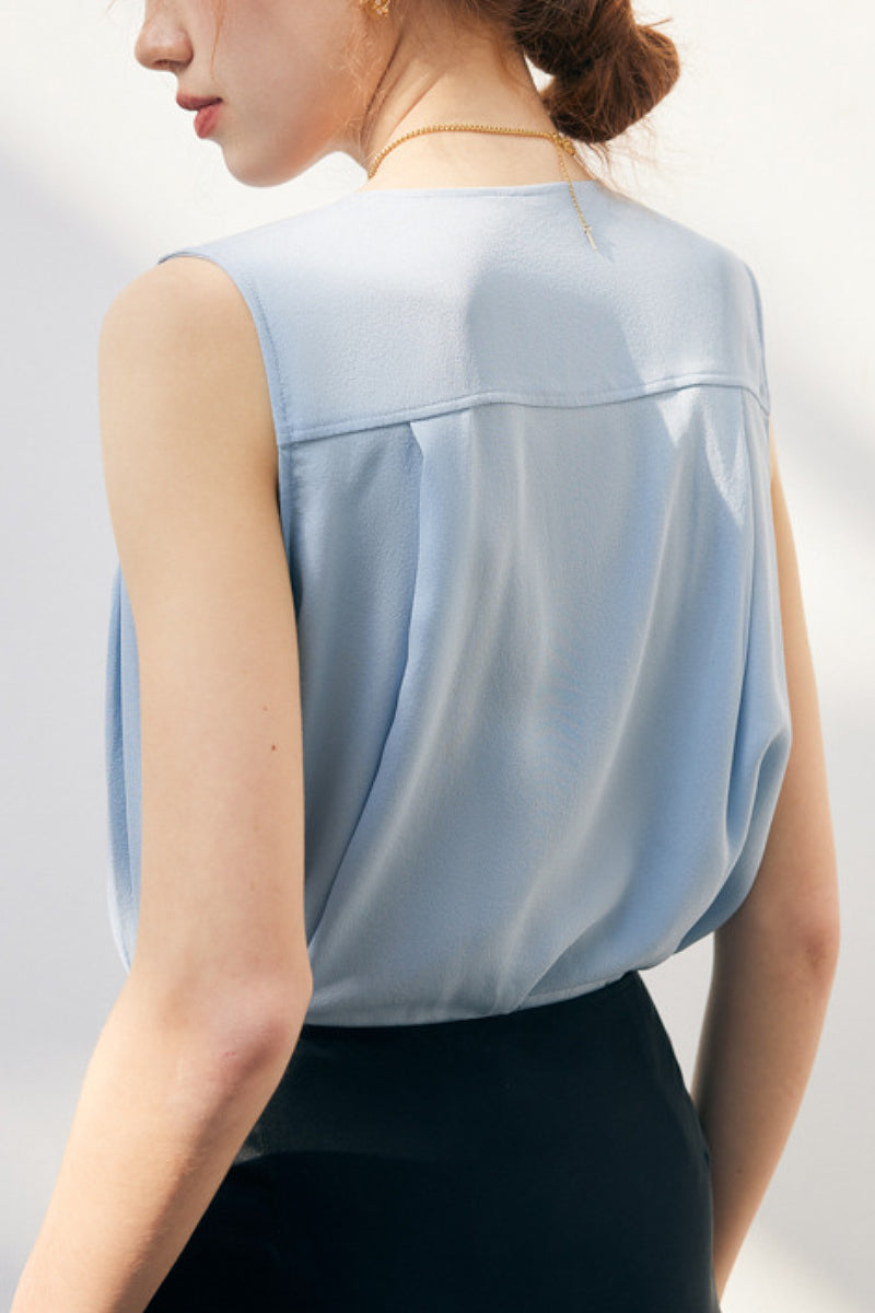 Stretch Silk Sleeveless V-Neck Pleated Shell Tank Blouse
