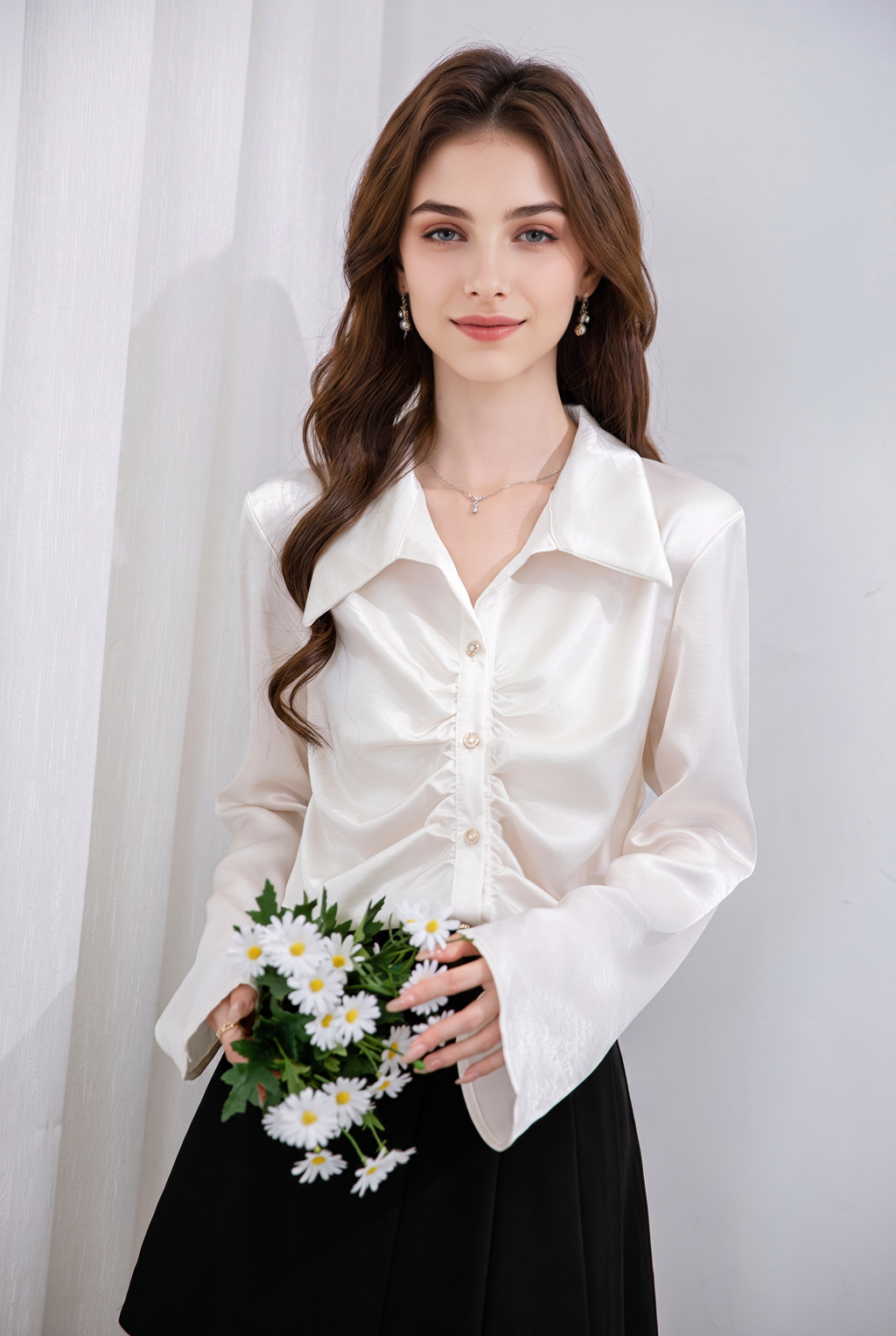 Stretch V-Neck Long Sleeve Shirt with Large Collar
