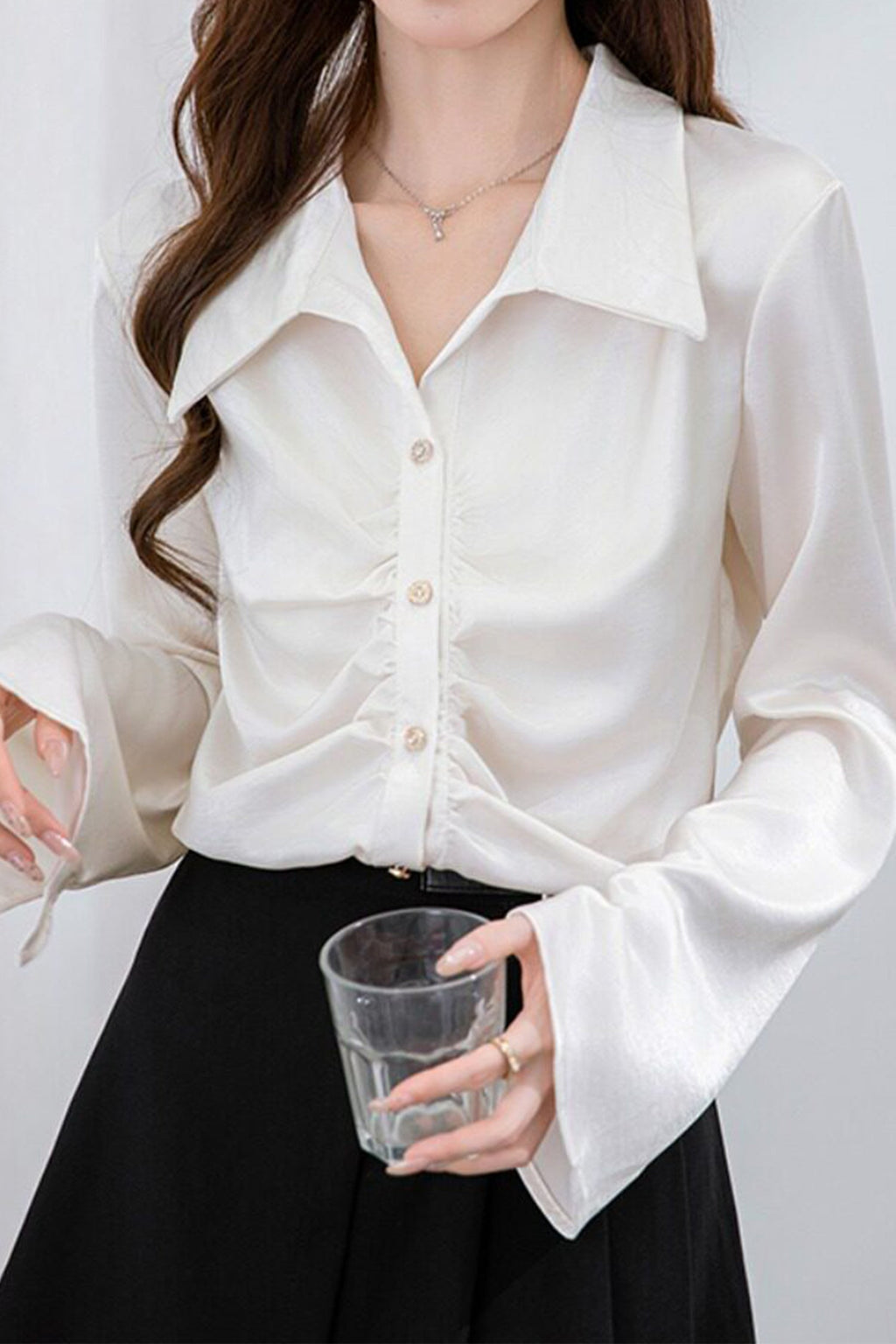 Stretch V-Neck Long Sleeve Shirt with Large Collar