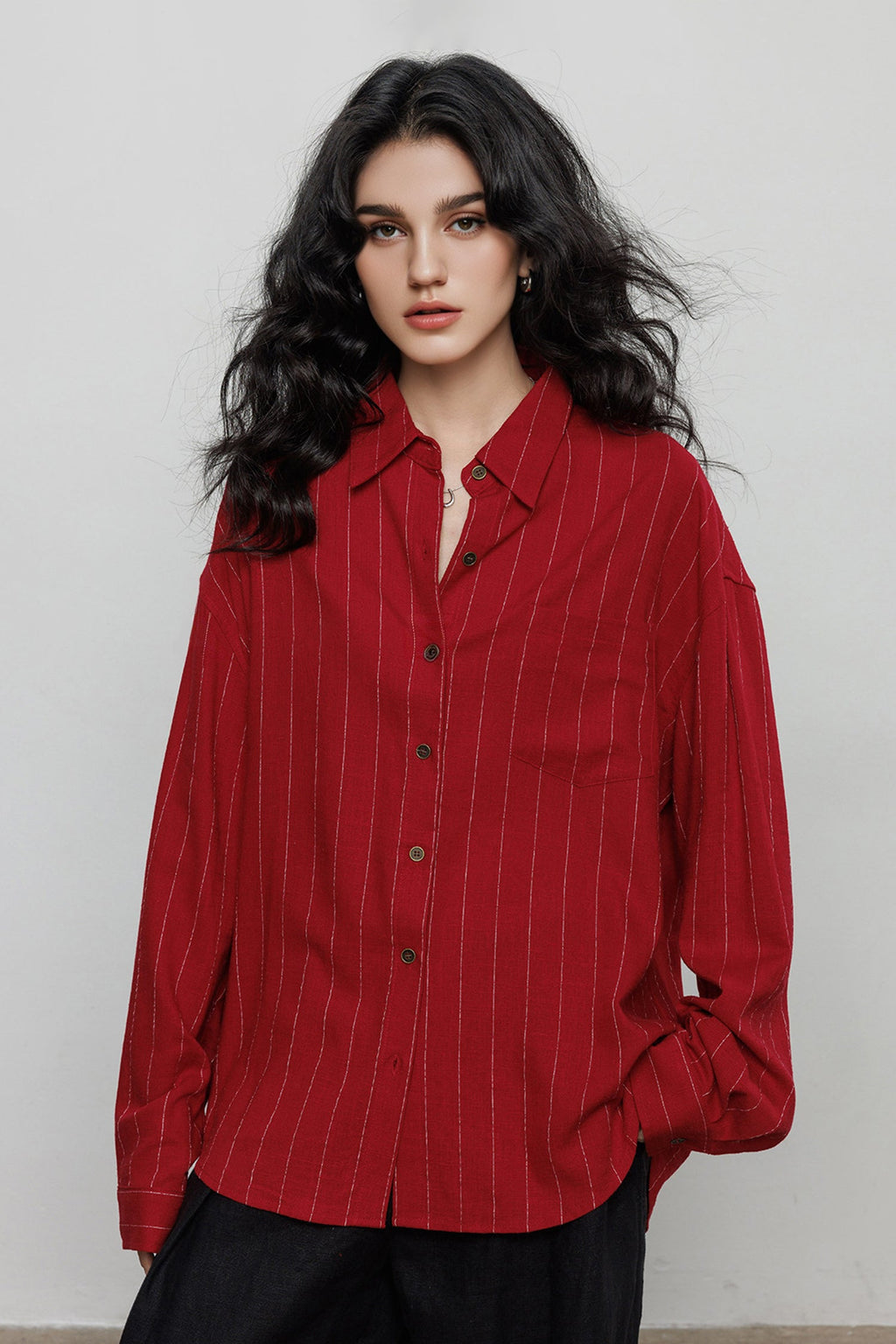 Striped Linen-Blend Long Sleeve Button-Down Shirt