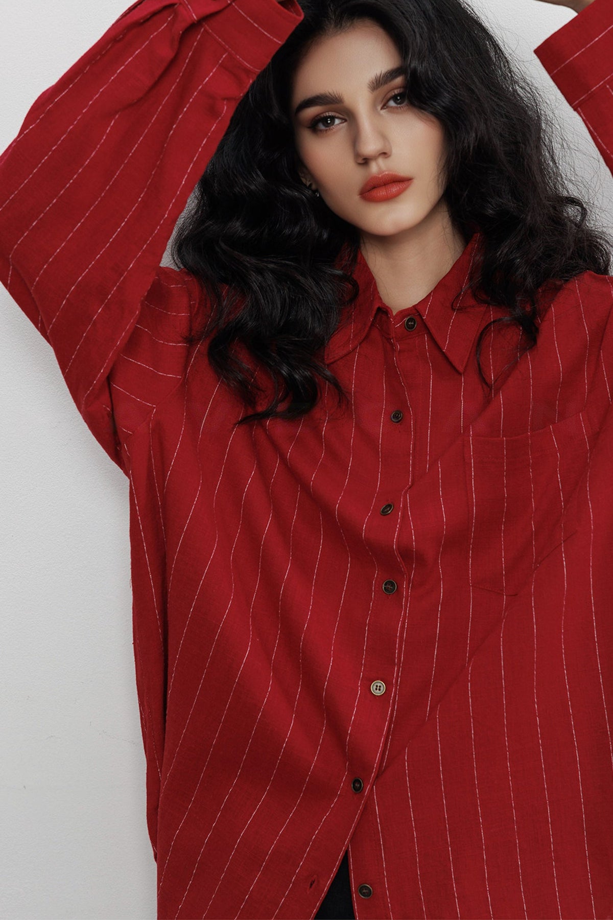 Striped Linen-Blend Long Sleeve Button-Down Shirt