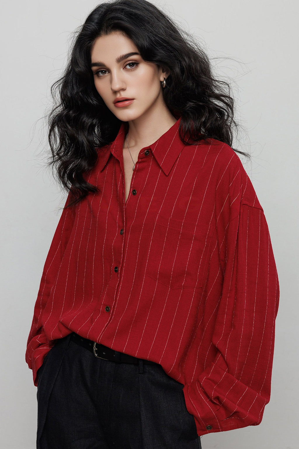 Striped Linen-Blend Long Sleeve Button-Down Shirt