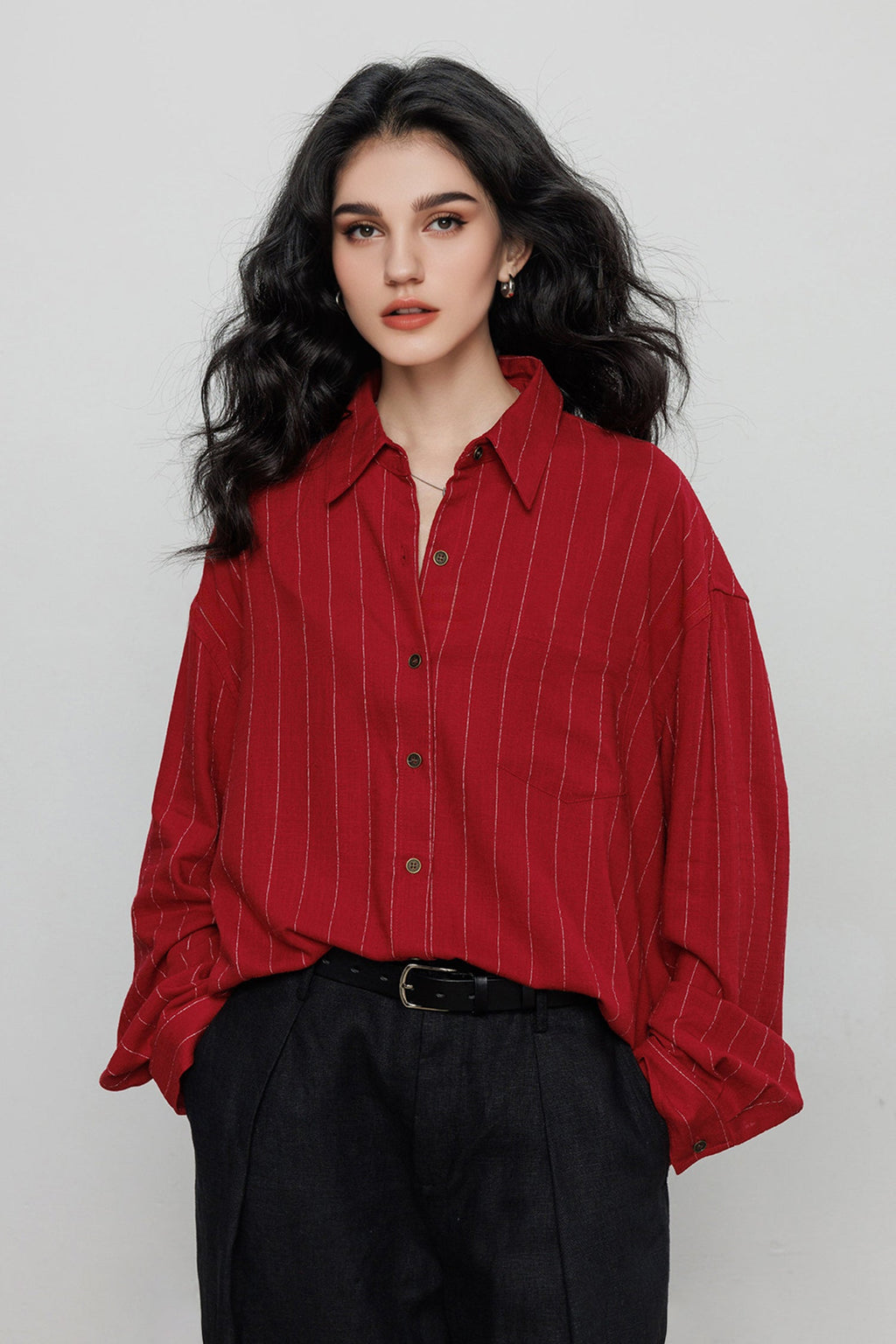 Striped Linen-Blend Long Sleeve Button-Down Shirt