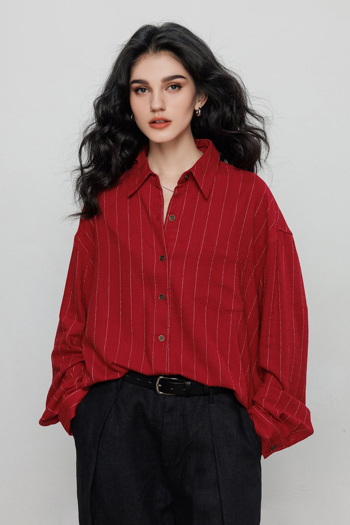 Striped Linen-Blend Long Sleeve Button-Down Shirt