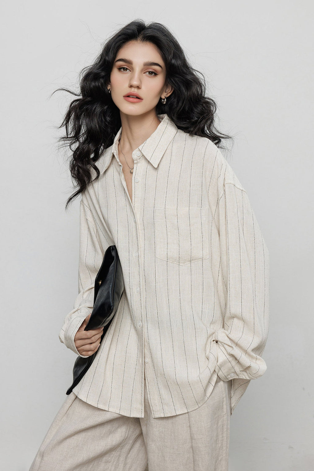 Striped Linen-Blend Long Sleeve Button-Down Shirt