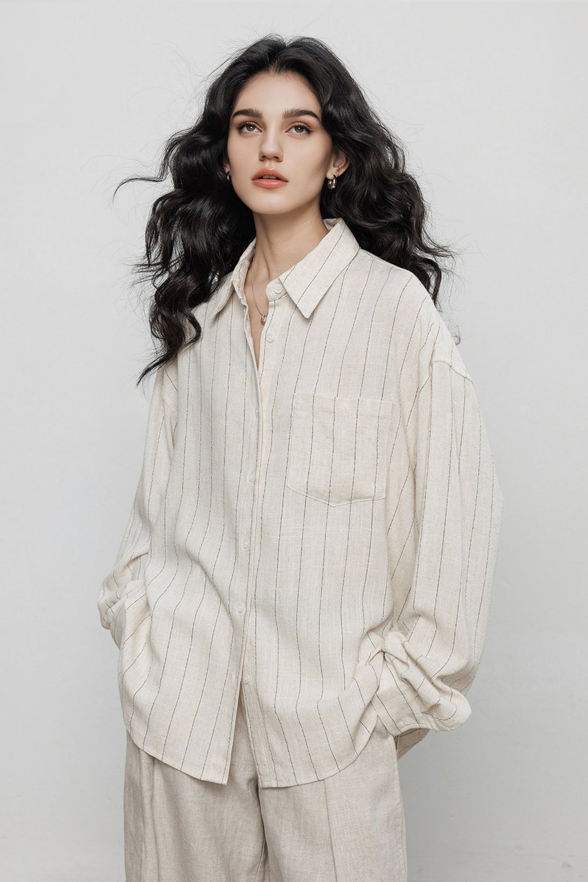 Striped Linen-Blend Long Sleeve Button-Down Shirt