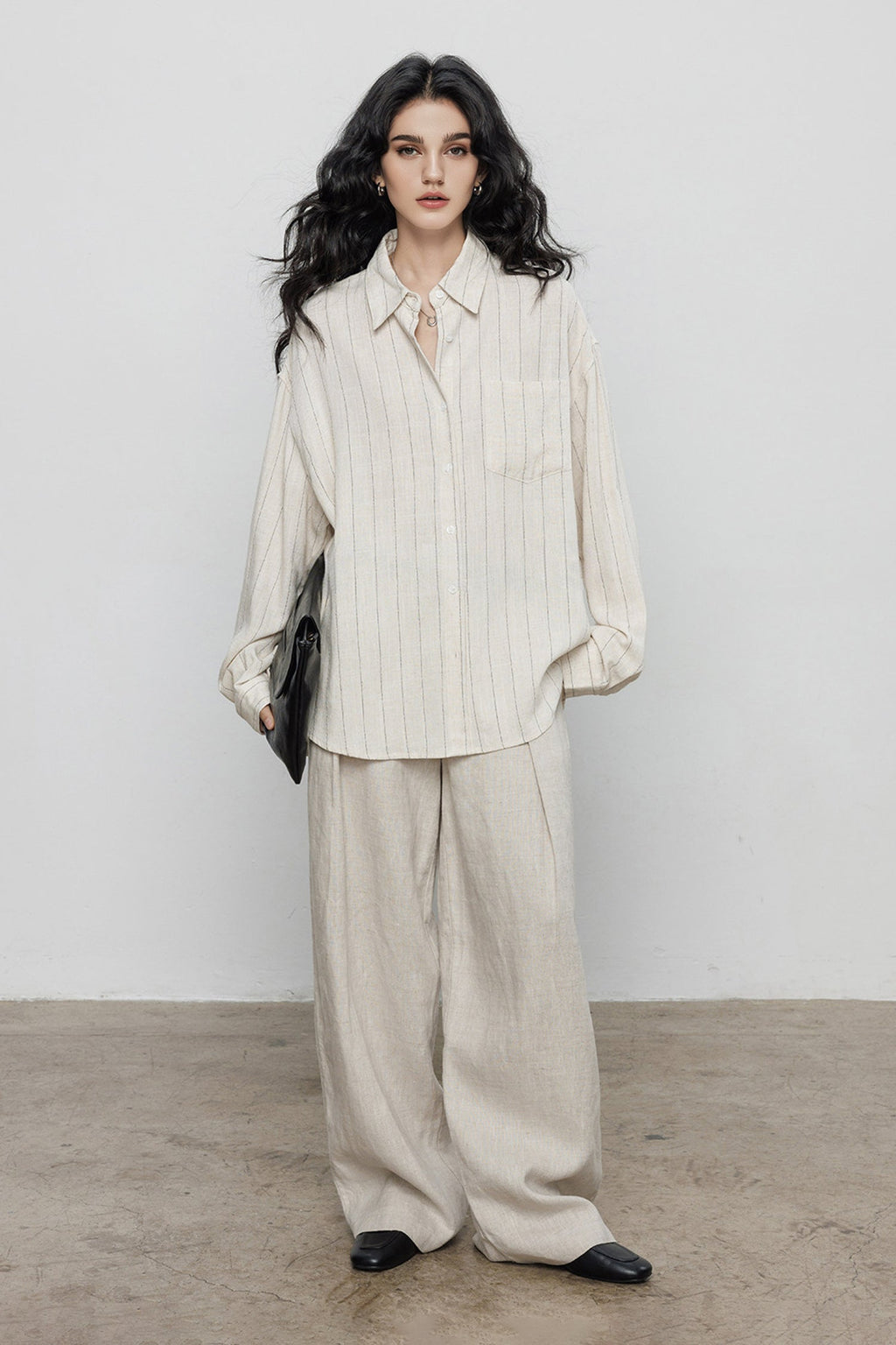 Striped Linen-Blend Long Sleeve Button-Down Shirt