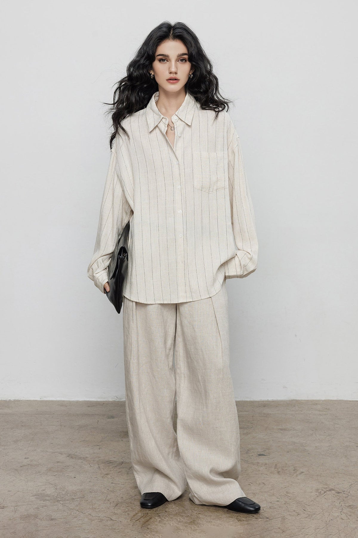 Striped Linen-Blend Long Sleeve Button-Down Shirt