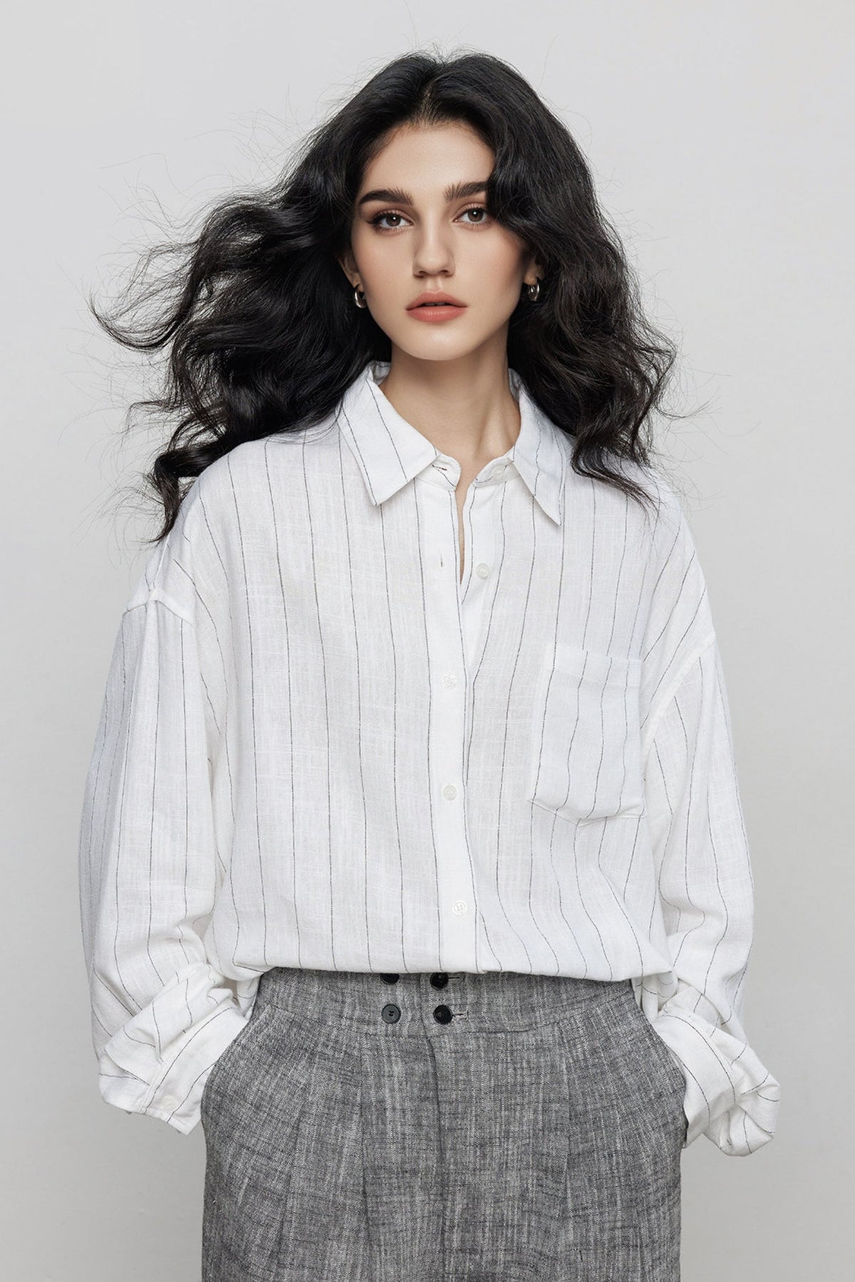 Striped Linen-Blend Long Sleeve Button-Down Shirt