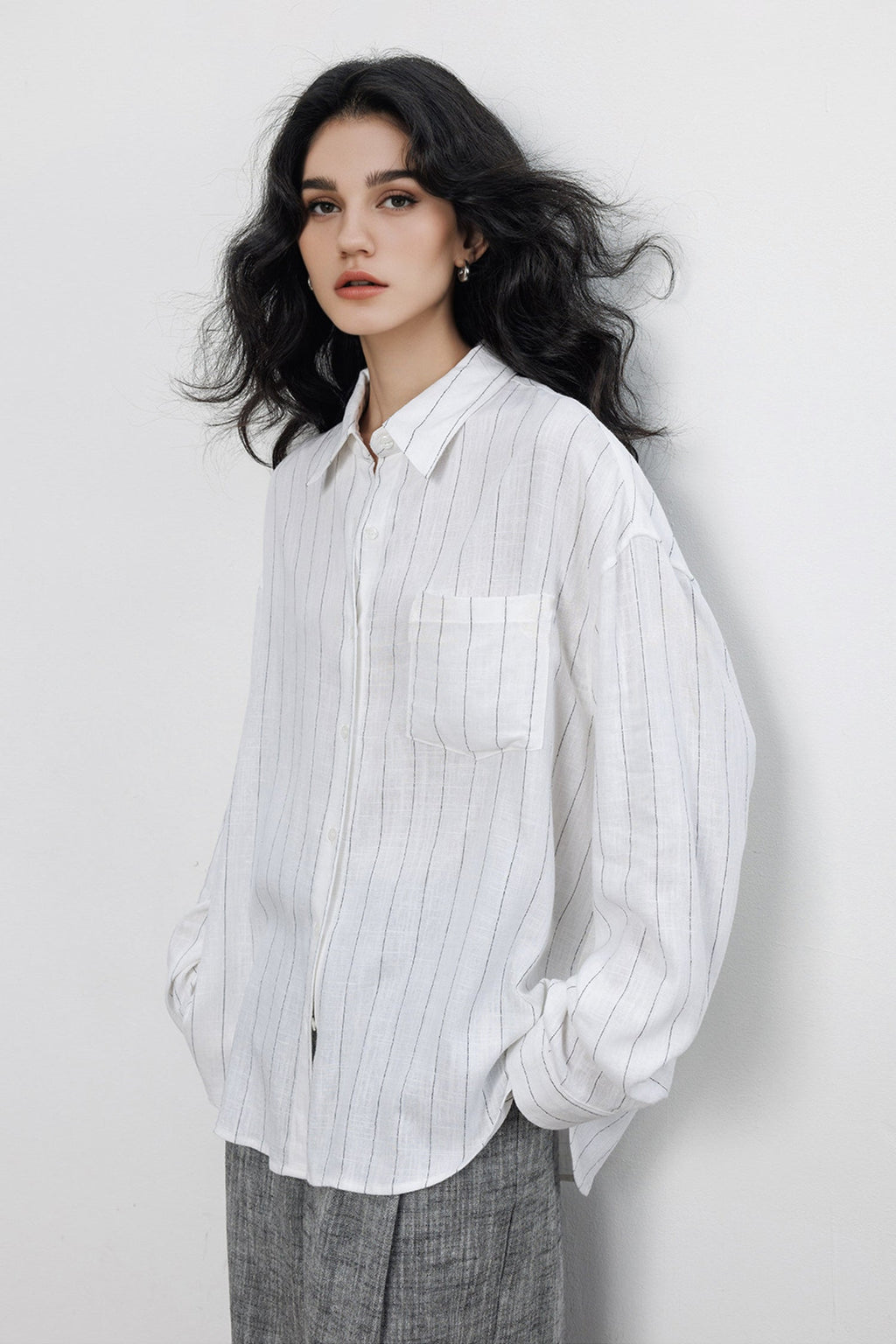 Striped Linen-Blend Long Sleeve Button-Down Shirt