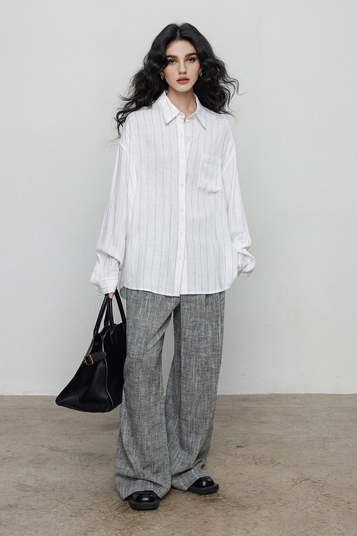 Striped Linen-Blend Long Sleeve Button-Down Shirt