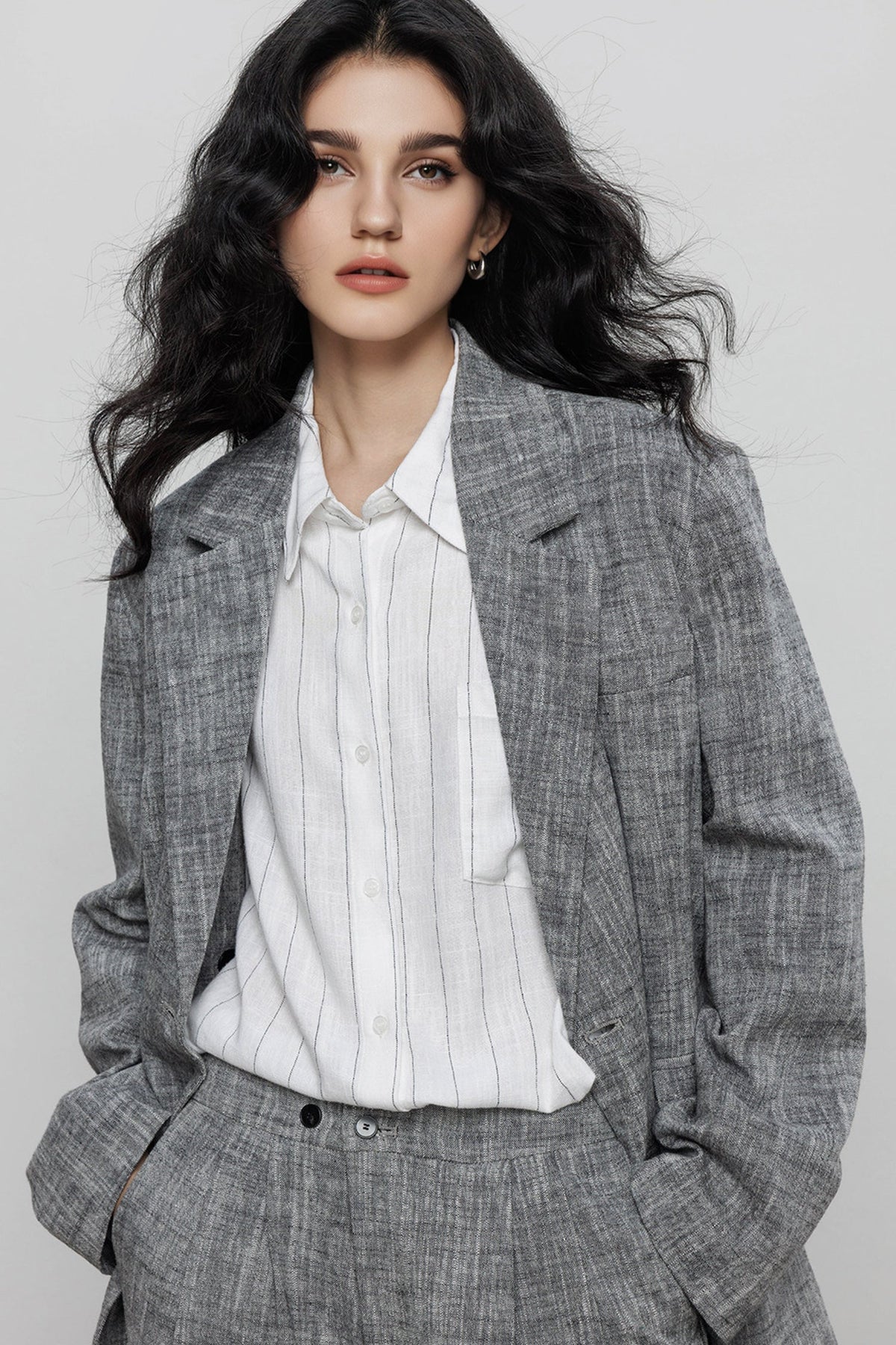 Striped Linen-Blend Long Sleeve Button-Down Shirt