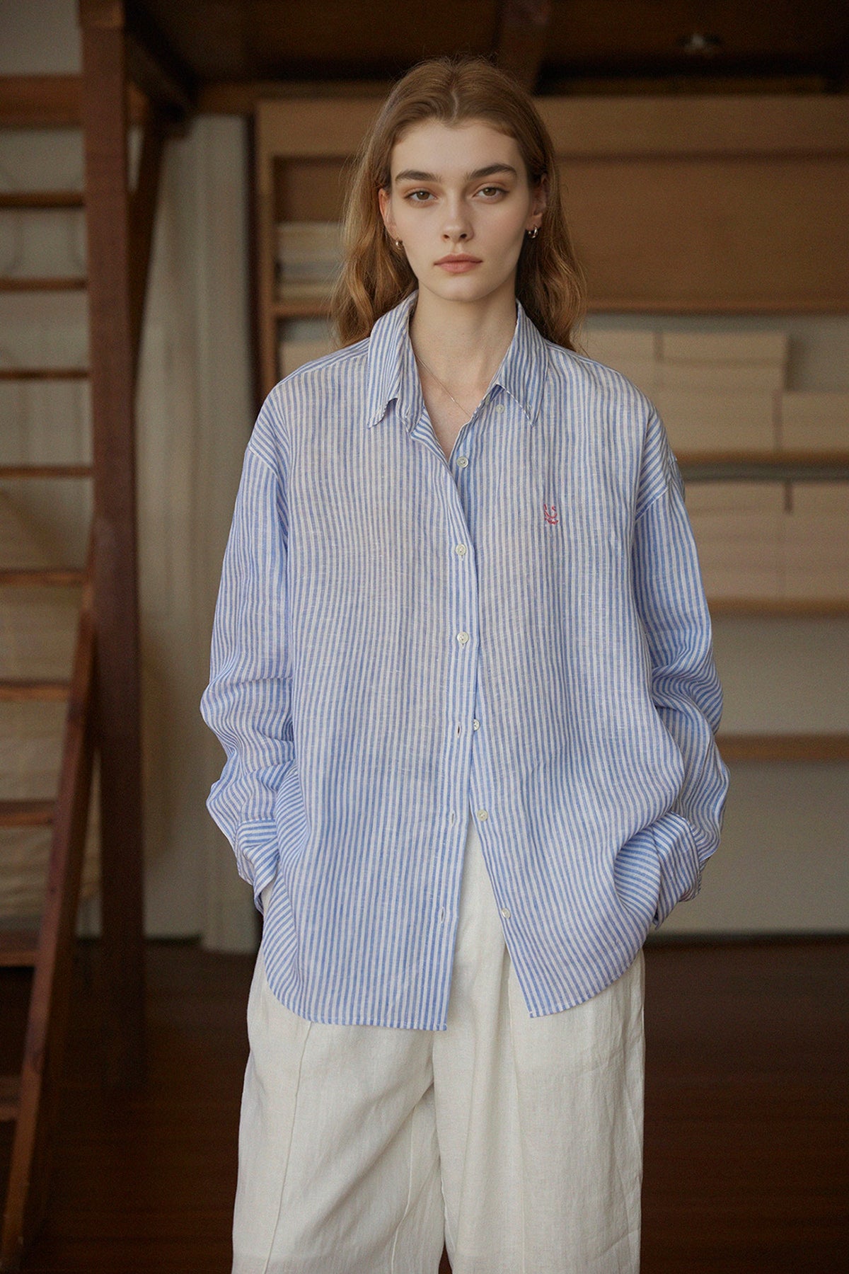 Striped Linen Long Sleeve Button-Down Shirt