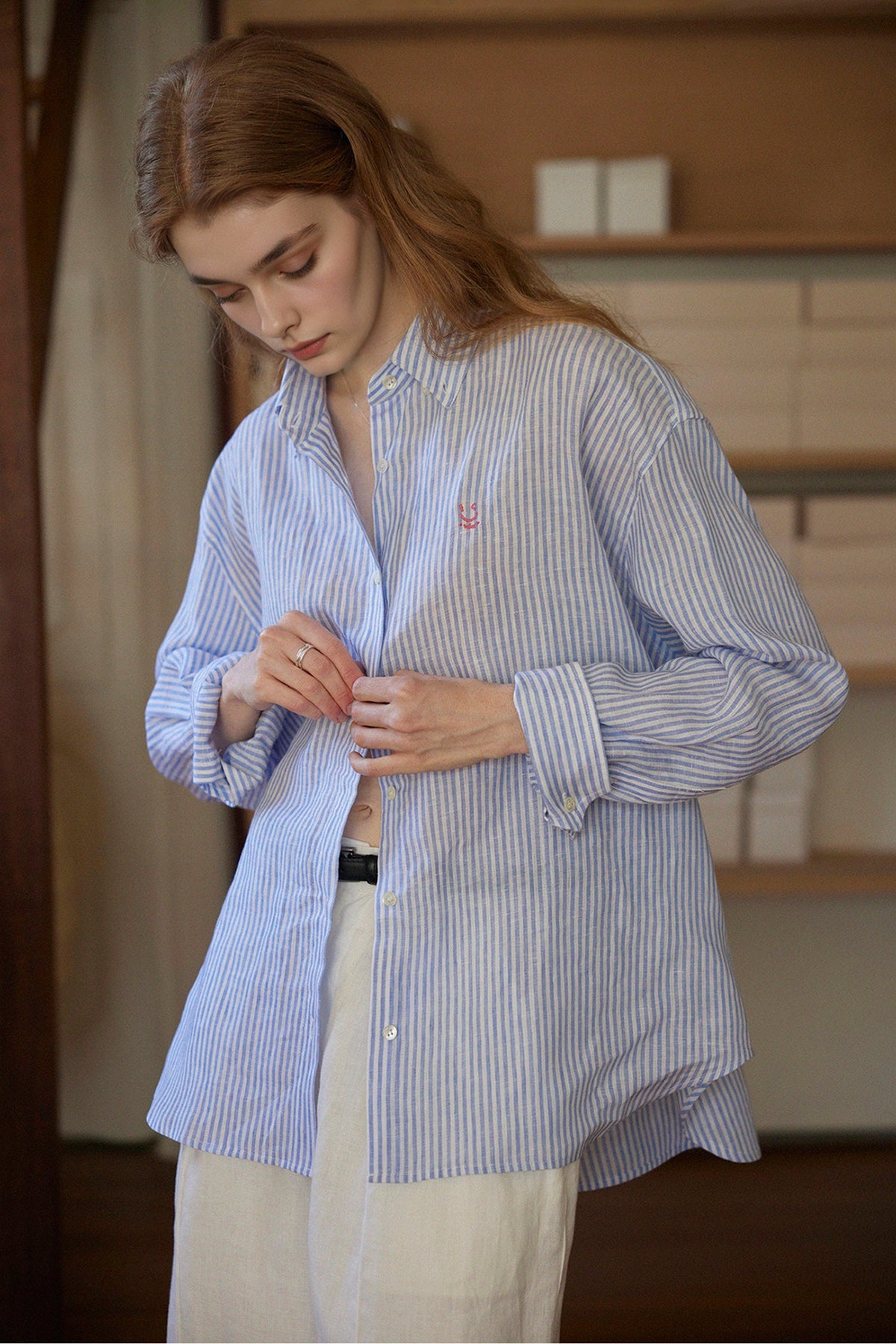 Striped Linen Long Sleeve Button-Down Shirt