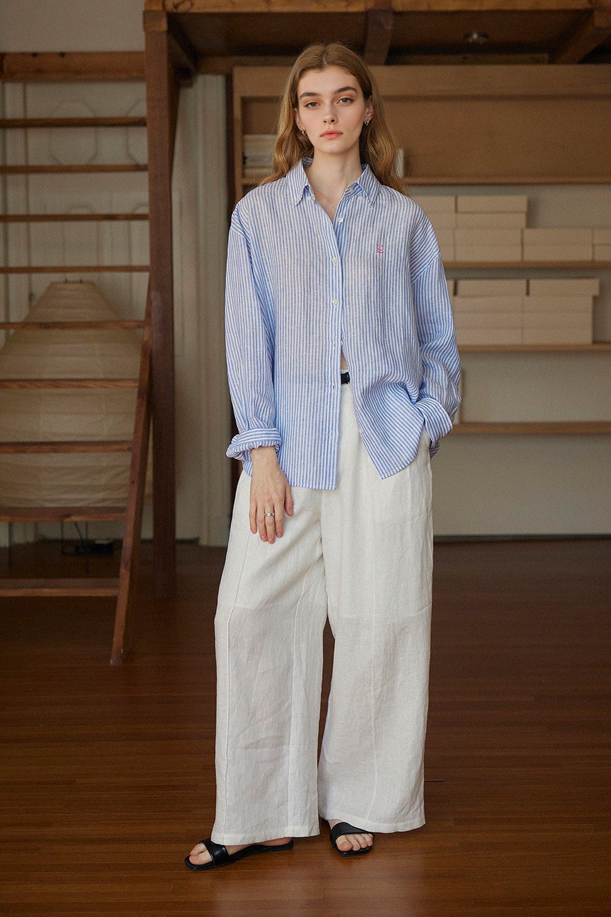 Striped Linen Long Sleeve Button-Down Shirt