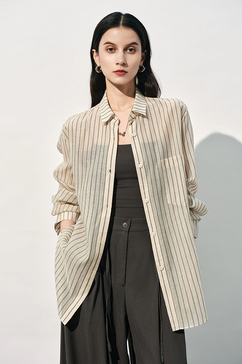 Striped Long Sleeve Cotton Silk Blend Button Up Shirt