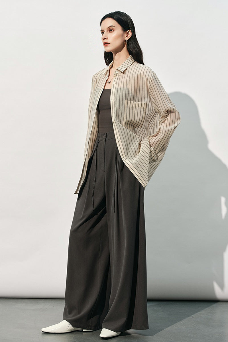 Striped Long Sleeve Cotton Silk Blend Button Up Shirt