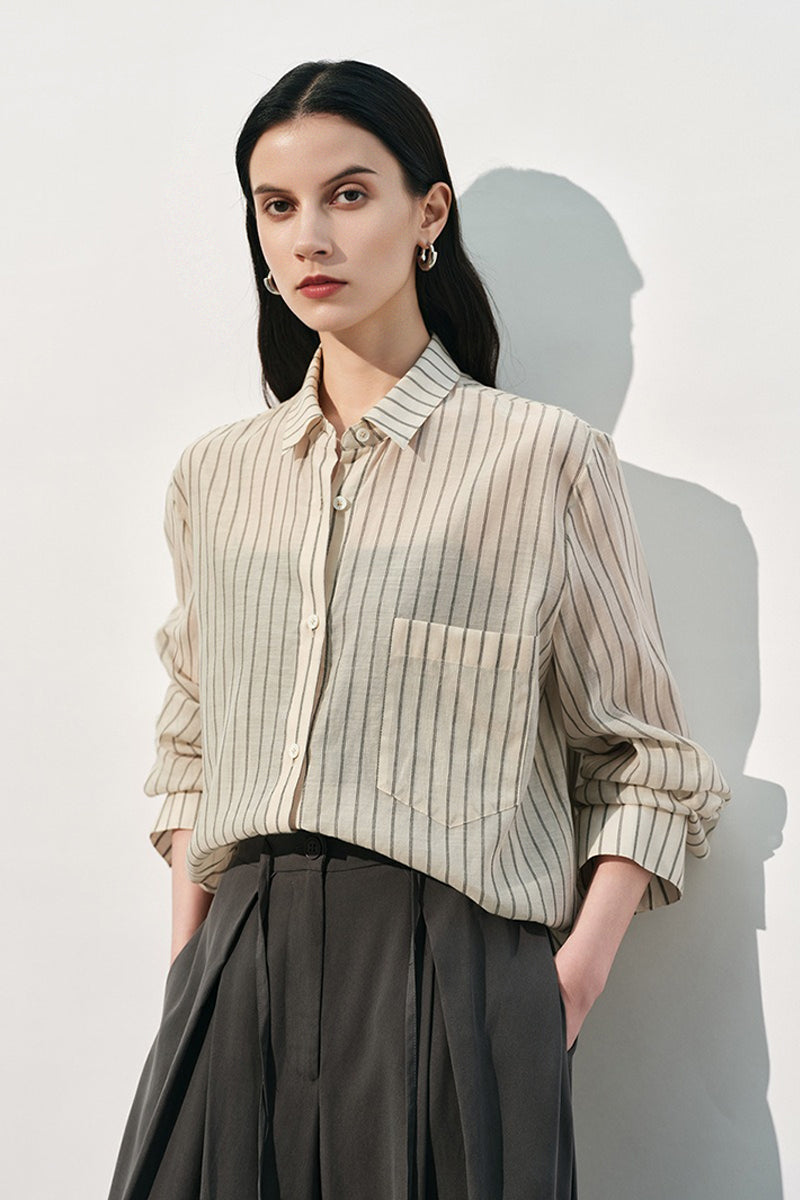Striped Long Sleeve Cotton Silk Blend Button Up Shirt