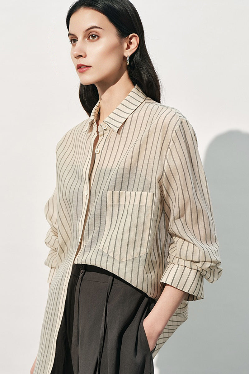Striped Long Sleeve Cotton Silk Blend Button Up Shirt