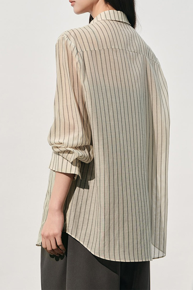 Striped Long Sleeve Cotton Silk Blend Button Up Shirt