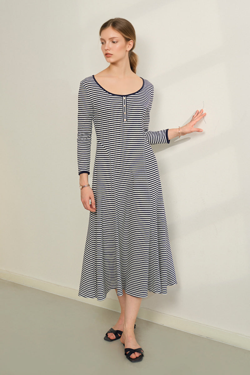 Striped Long-Sleeve Scoop-Neck Midi Knit Dress