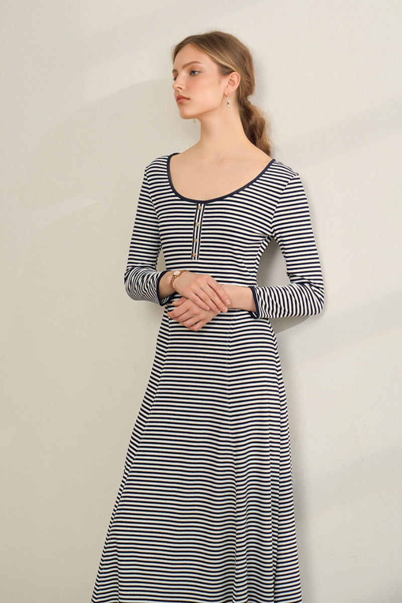 Striped Long-Sleeve Scoop-Neck Midi Knit Dress
