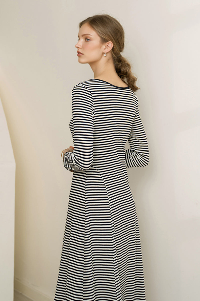 Striped Long-Sleeve Scoop-Neck Midi Knit Dress
