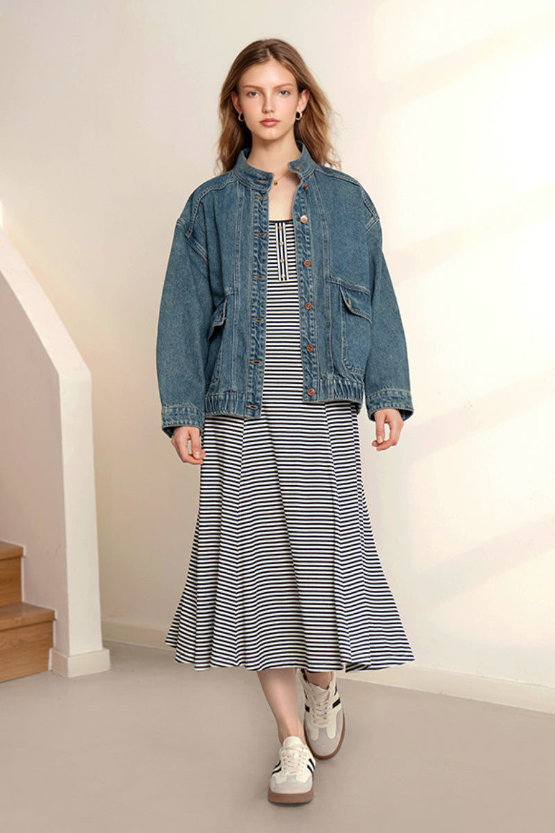 Striped Long-Sleeve Scoop-Neck Midi Knit Dress