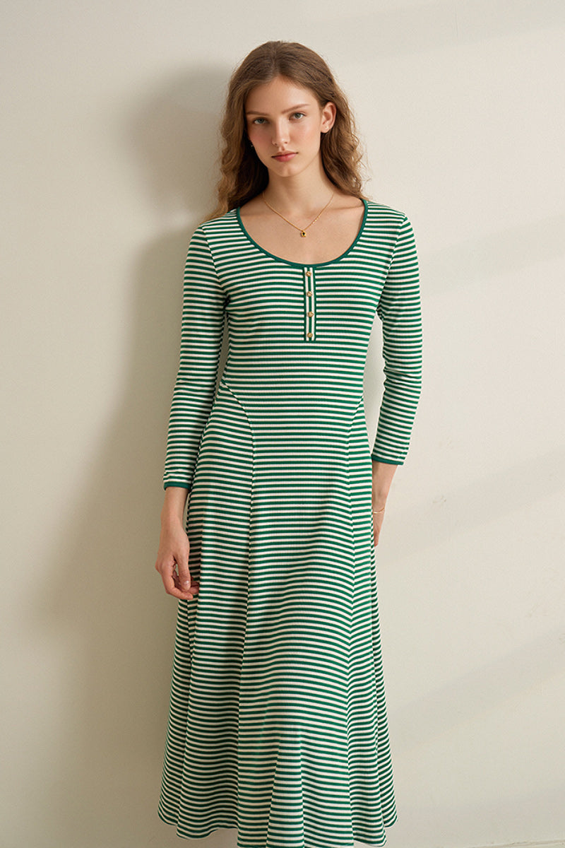 Striped Long-Sleeve Scoop-Neck Midi Knit Dress
