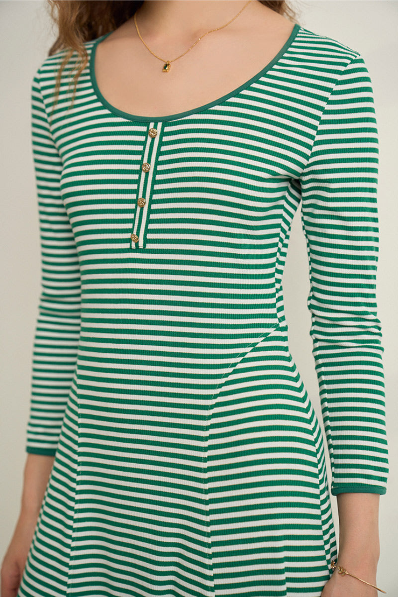 Striped Long-Sleeve Scoop-Neck Midi Knit Dress