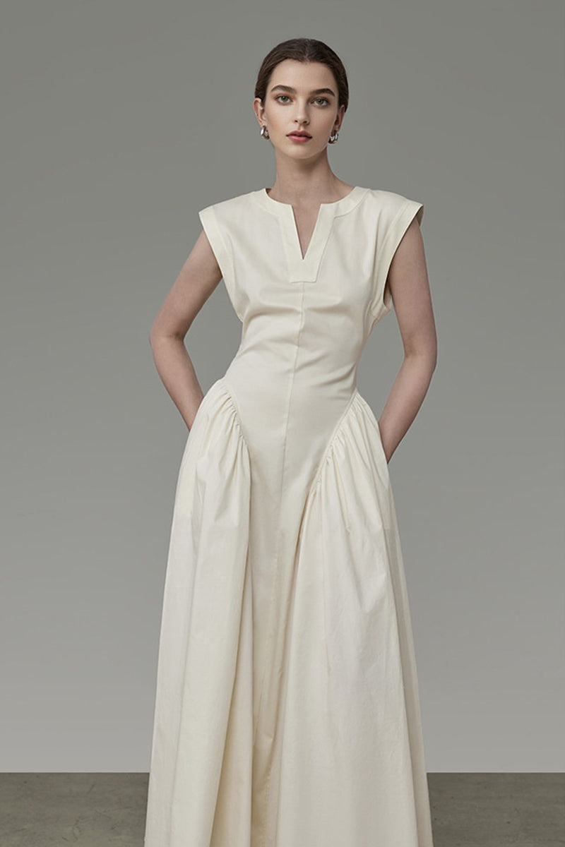 Structured Sleeveless A-Line Midi Dress with Pockets
